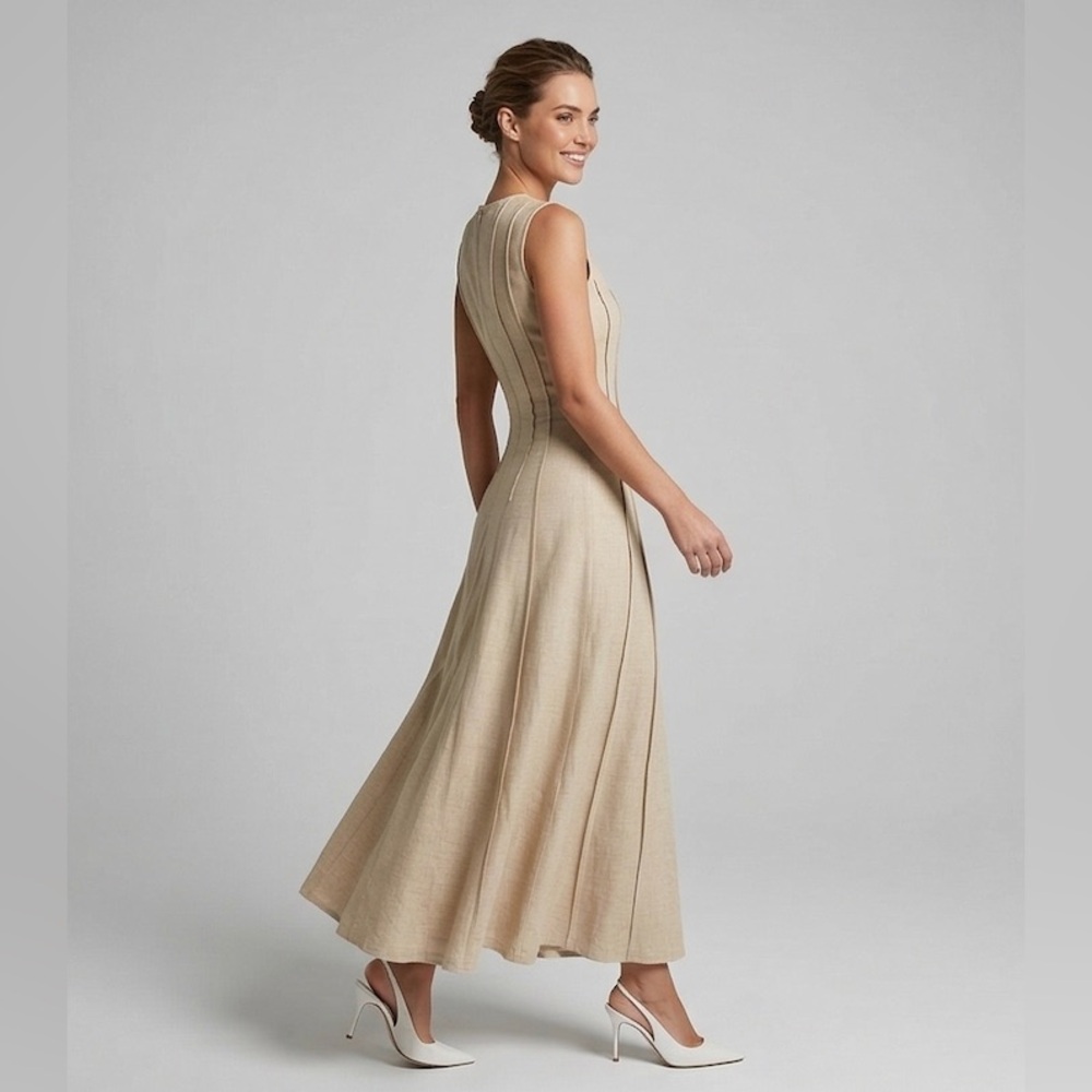 Split Pleated Waist A-Line Dress Beige - Picture 6 of 9